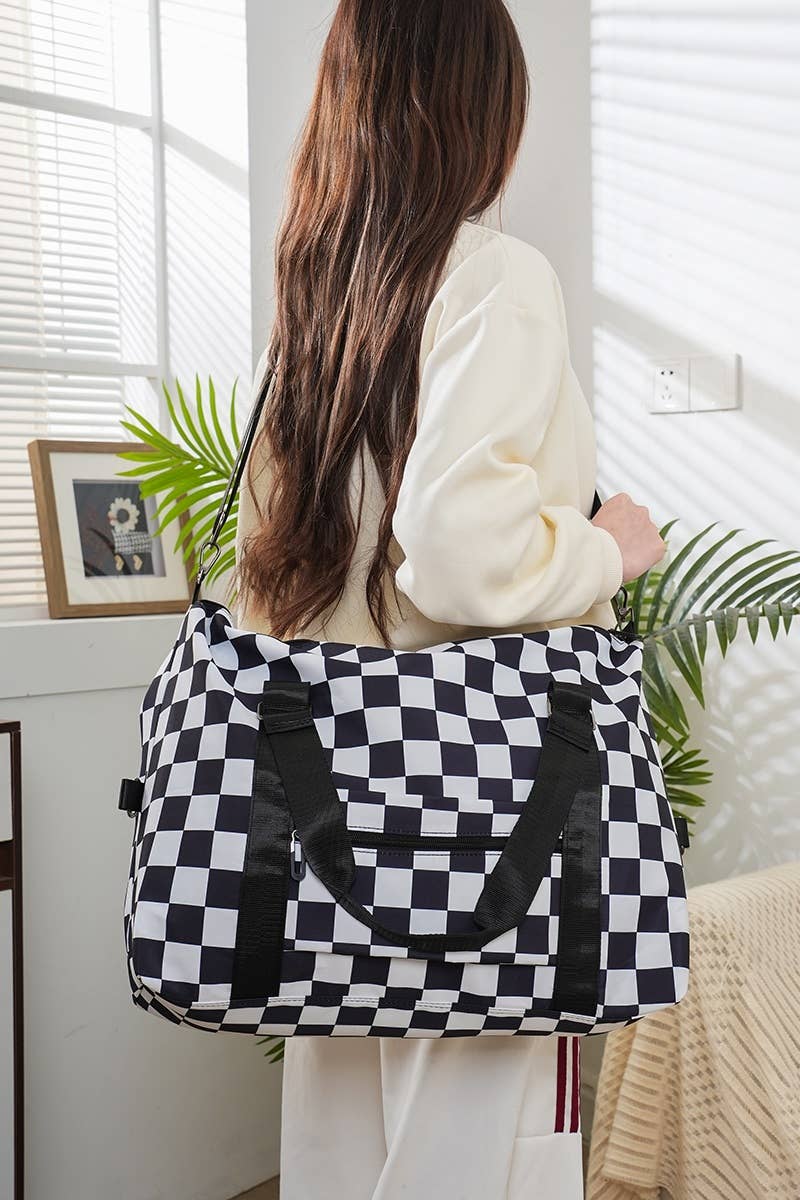 Large Capacity Checkered Travel Duffle Bag With Sho