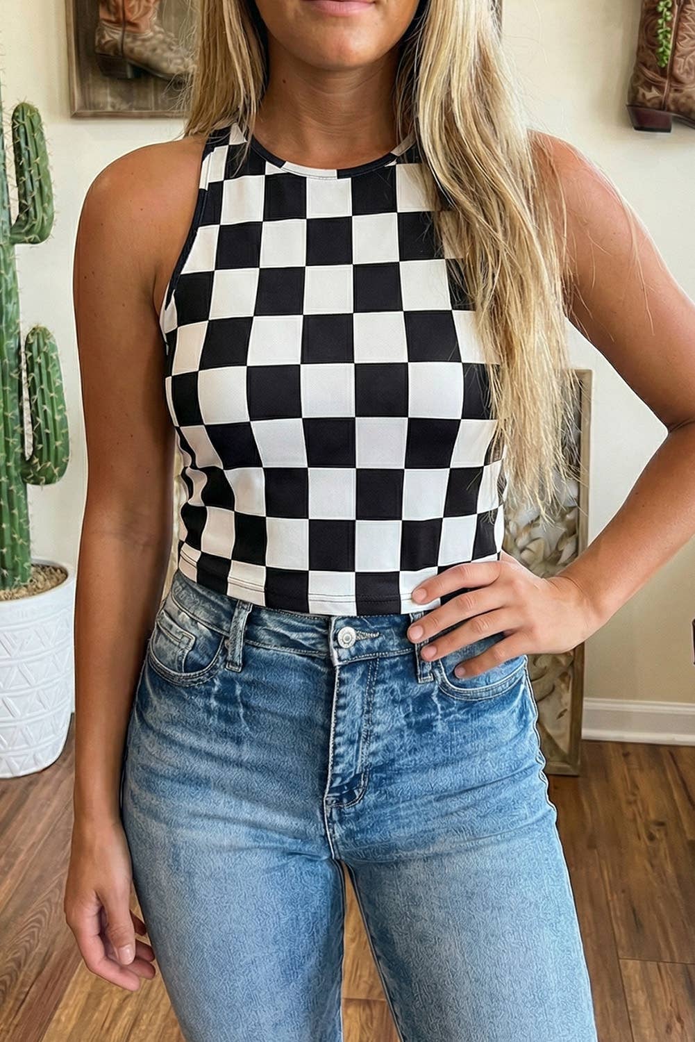 LDC Western Black Checkerboard Printed Slim Tank Top (PRE-ORDER)