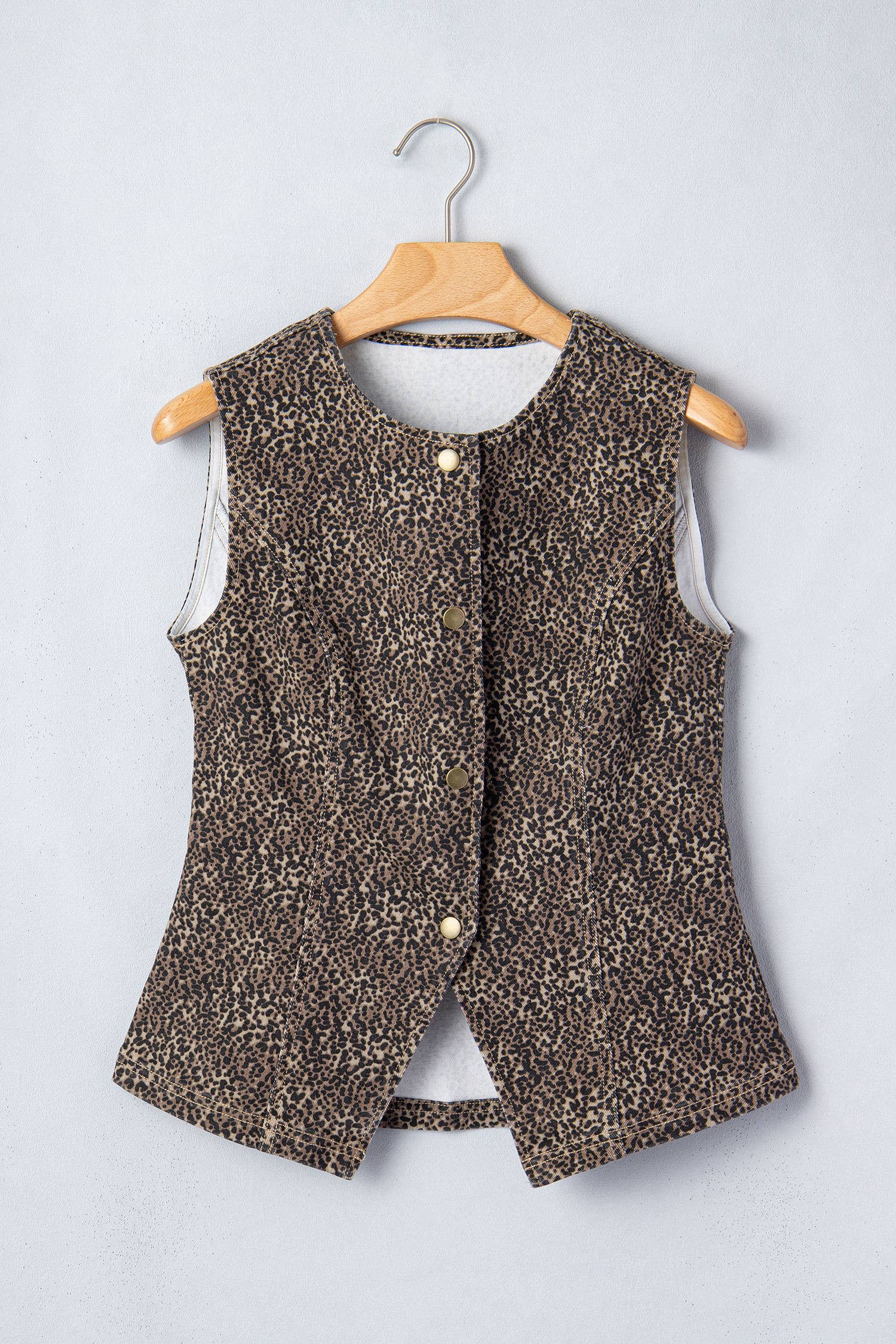 Leopard Print Button-Front Sleeveless Slim Denim Vest