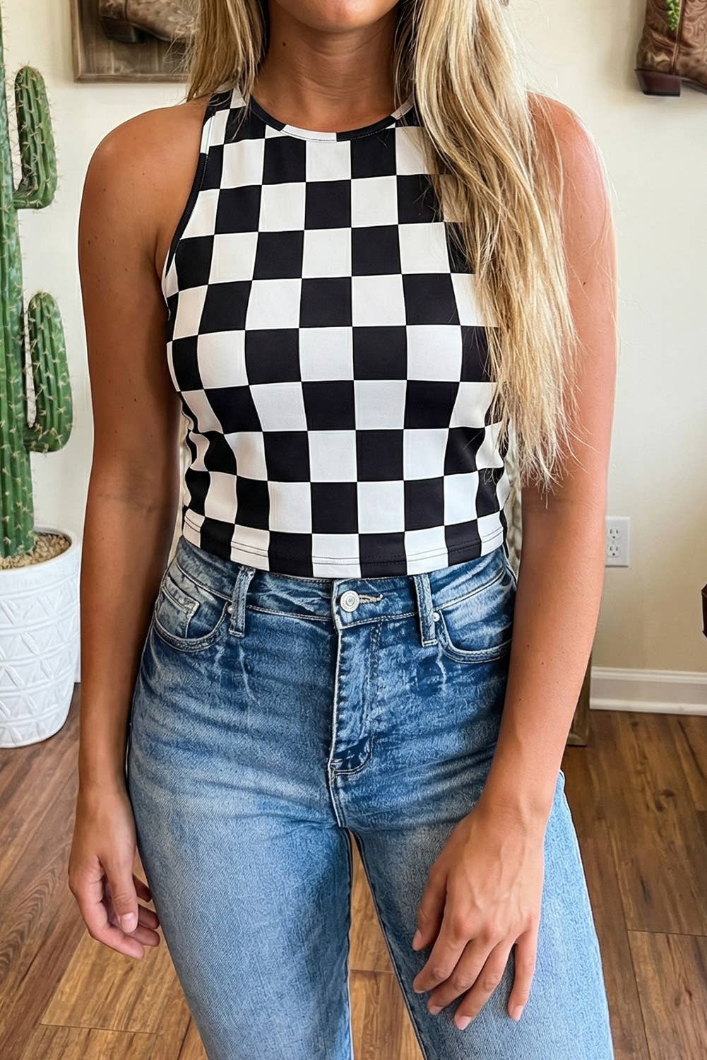 LDC Western Black Checkerboard Printed Slim Tank Top (PRE-ORDER)