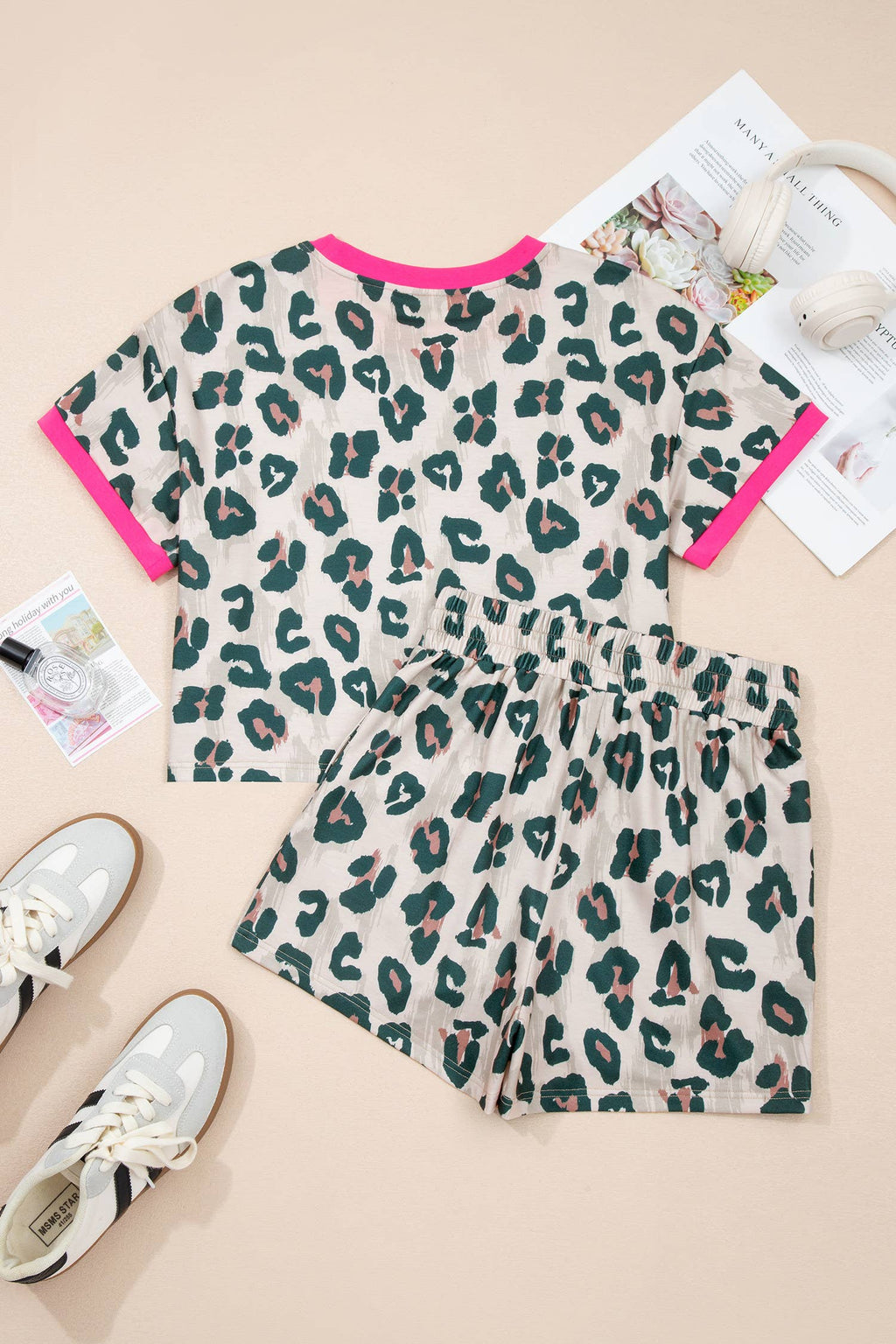 Plus Leopard Print Contrast Trim Top 2pcs Short Set (S-XL) (PRE-ORDER)