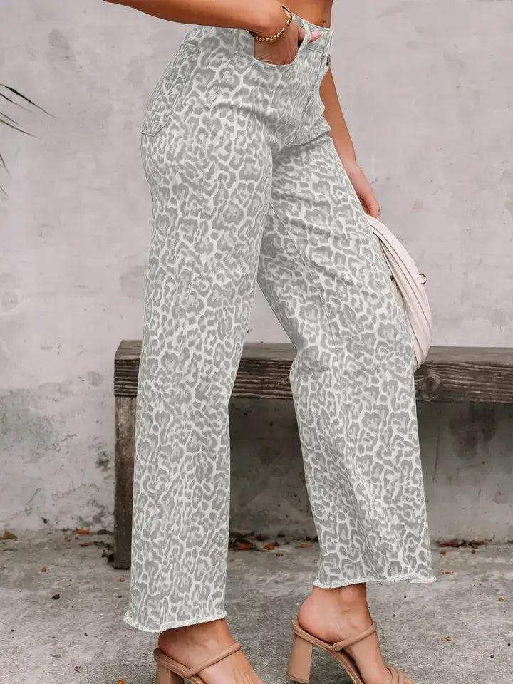 Brown Leopard Frayed Edge Wide Leg High Waist Jeans (PRE-ORDER)