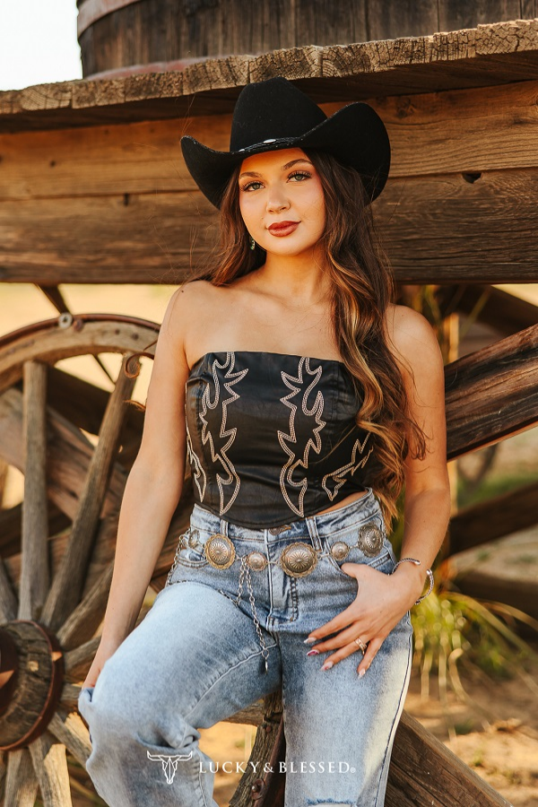 Black Leather Boot Stitch Embroider Corset Tie Back