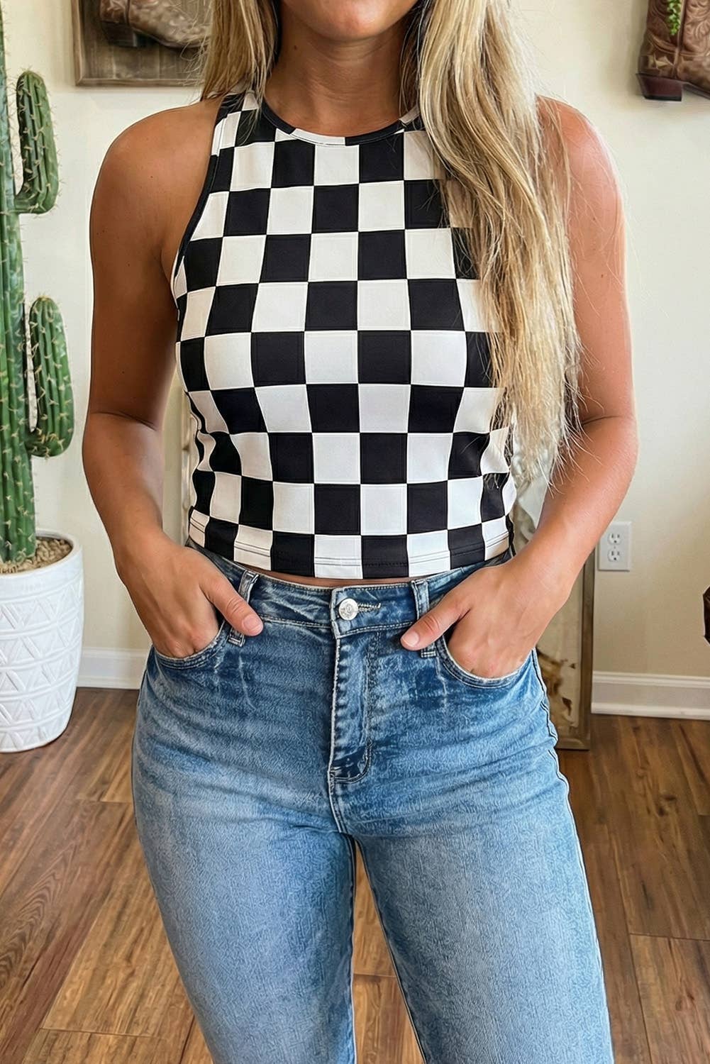 LDC Western Black Checkerboard Printed Slim Tank Top (PRE-ORDER)