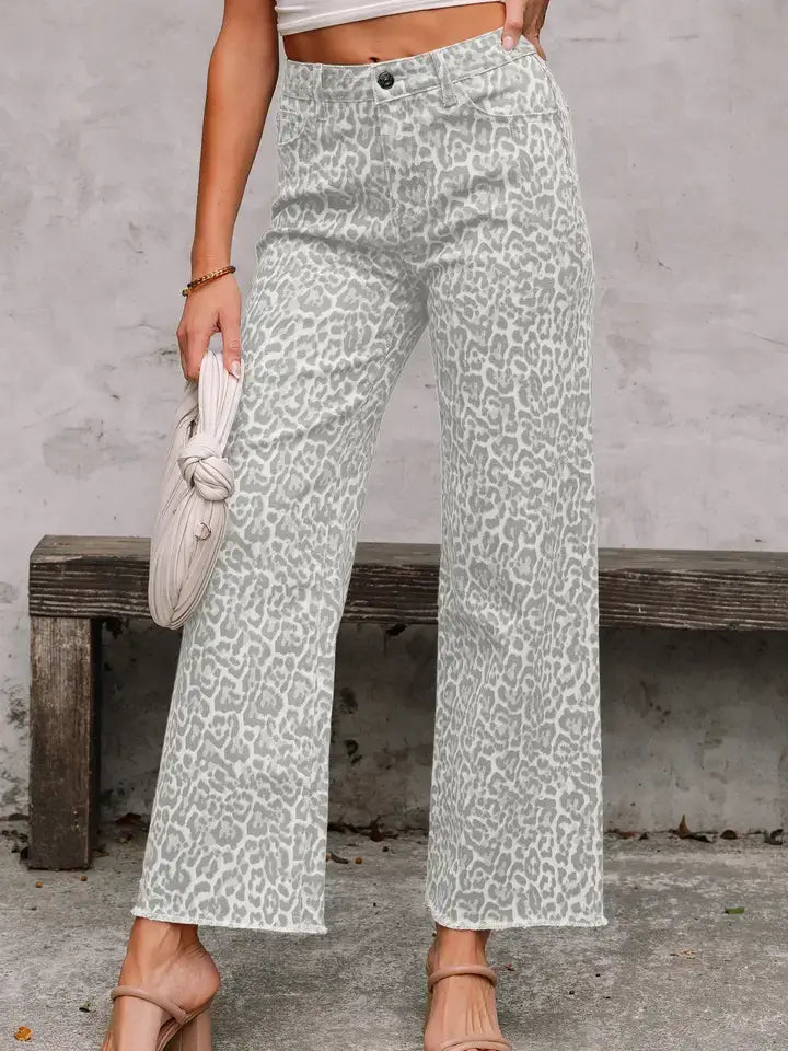 Brown Leopard Frayed Edge Wide Leg High Waist Jeans (PRE-ORDER)