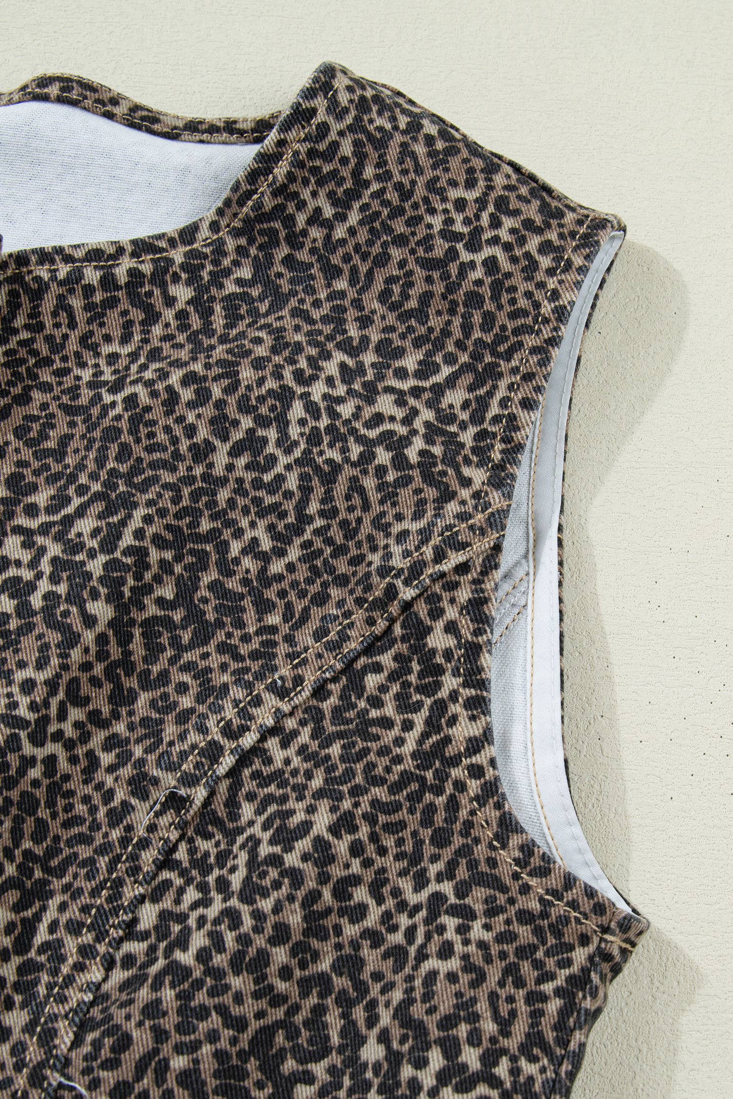 Leopard Print Button-Front Sleeveless Slim Denim Vest