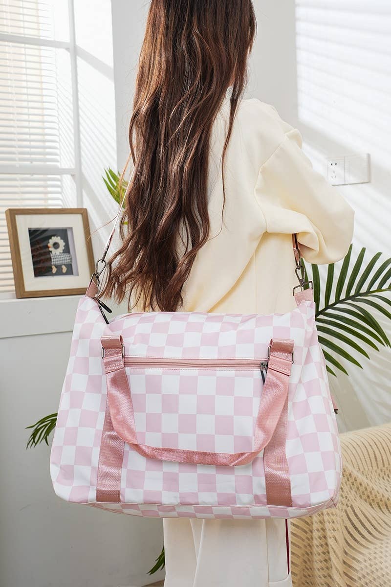 Large Capacity Checkered Travel Duffle Bag With Sho