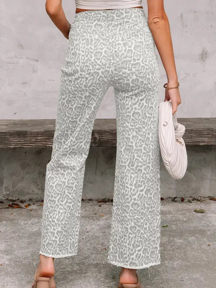 Brown Leopard Frayed Edge Wide Leg High Waist Jeans (PRE-ORDER)