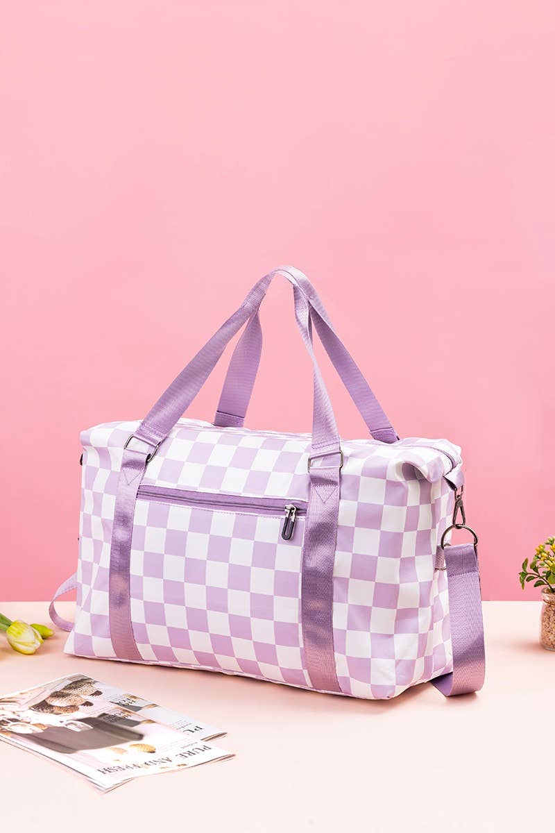 Large Capacity Checkered Travel Duffle Bag With Sho