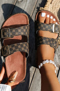 Coffee Geometric Print Cut Out Buckle PU Leather Flat Slippers (PRE-ORDER)