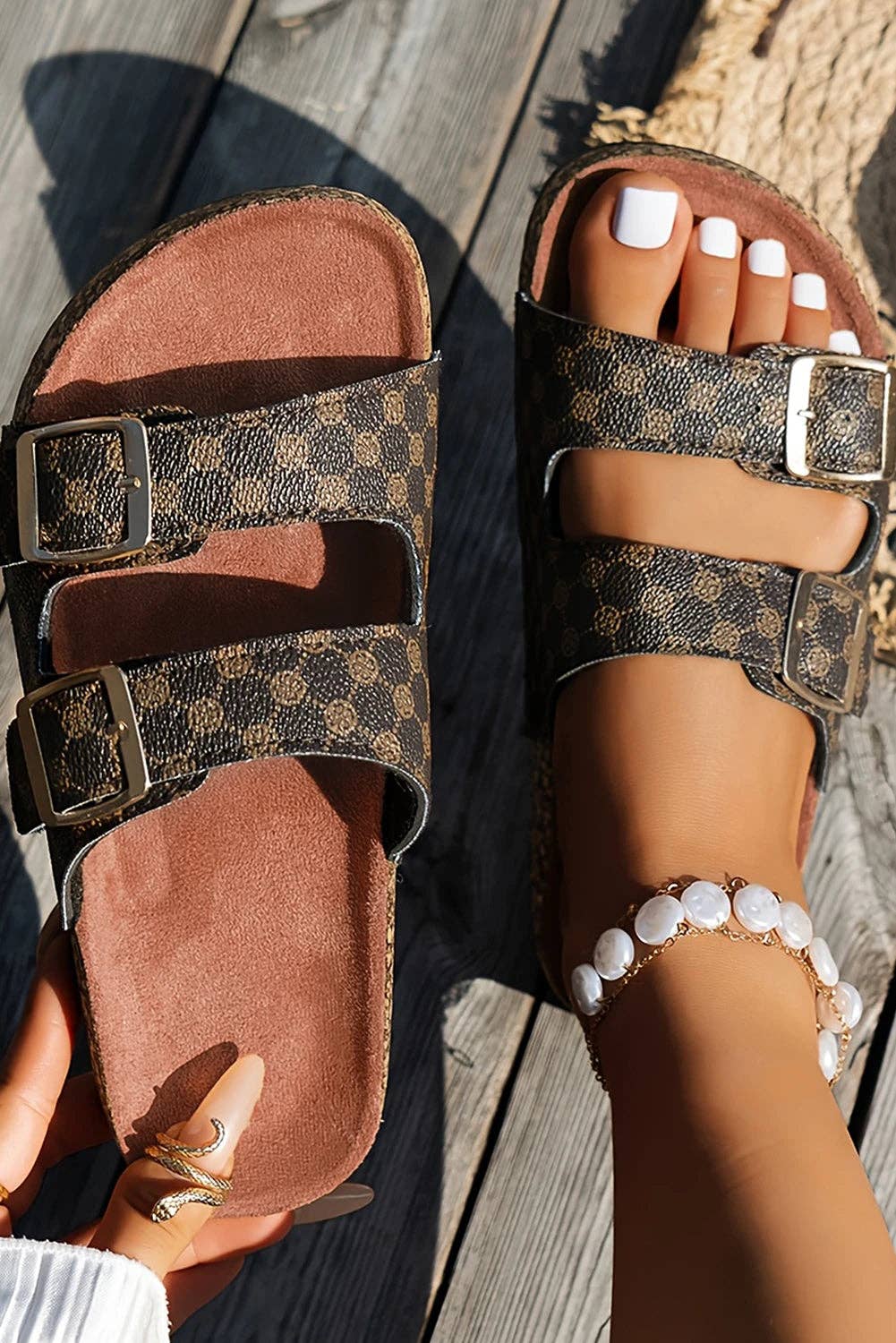 Coffee Geometric Print Cut Out Buckle PU Leather Flat Slippers (PRE-ORDER)