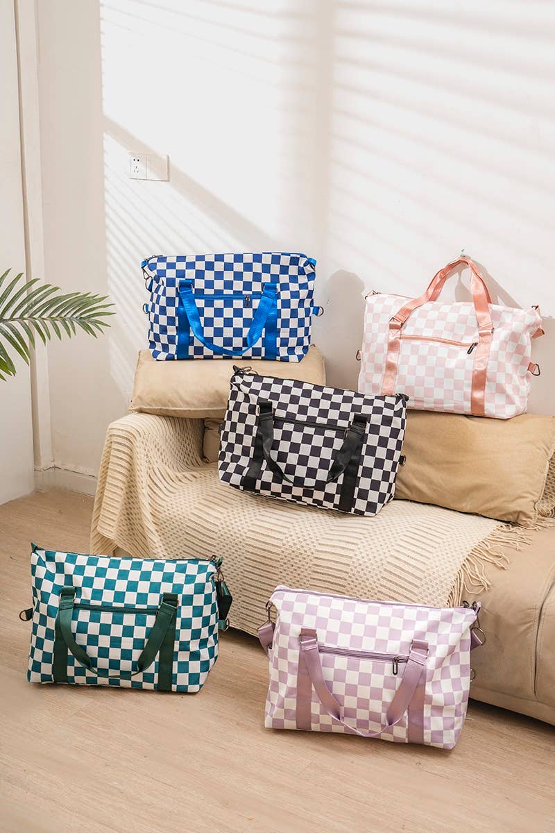 Large Capacity Checkered Travel Duffle Bag With Sho