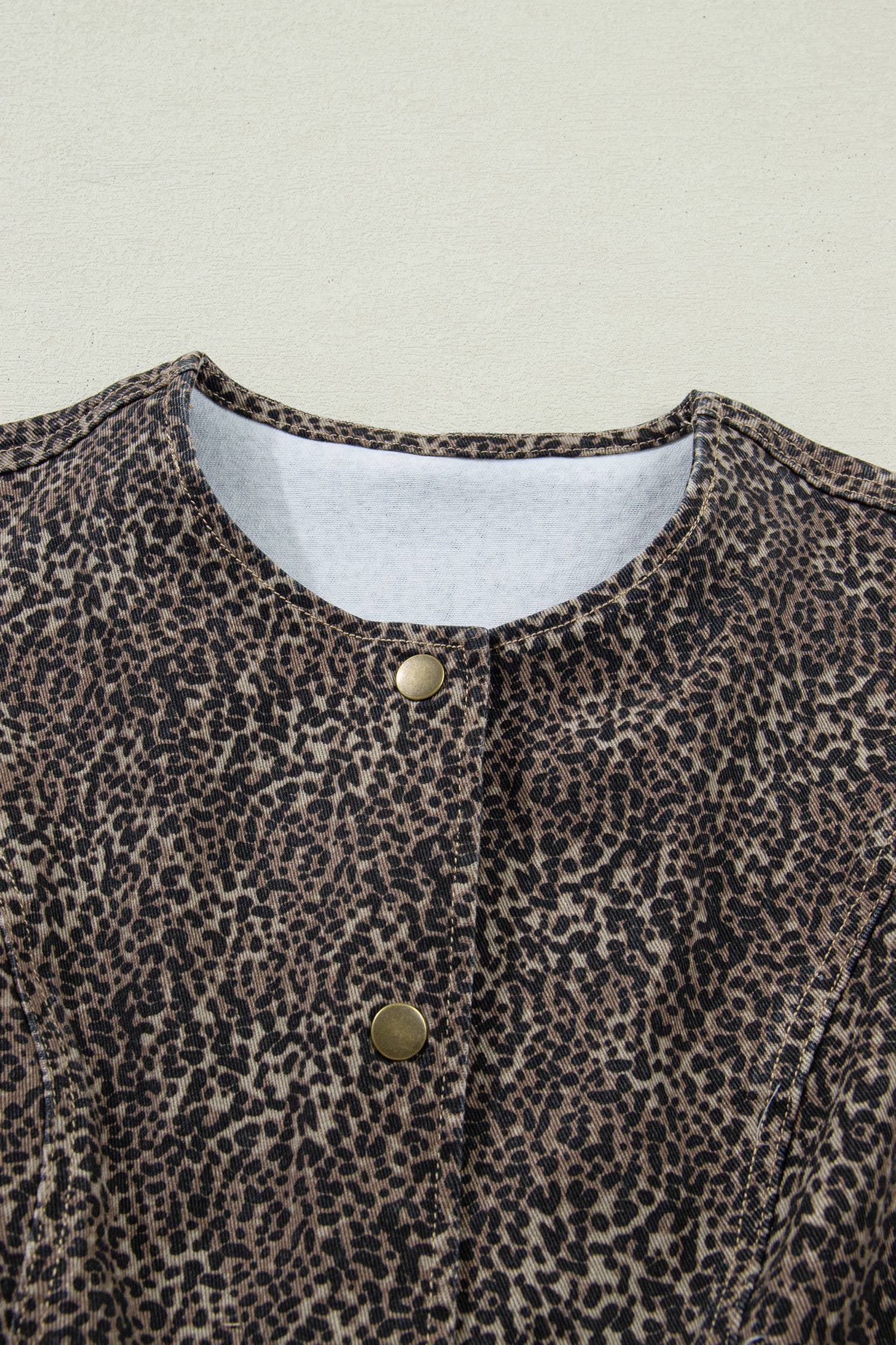 Leopard Print Button-Front Sleeveless Slim Denim Vest