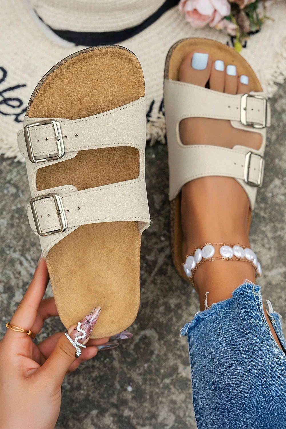 Coffee Geometric Print Cut Out Buckle PU Leather Flat Slippers (PRE-ORDER)