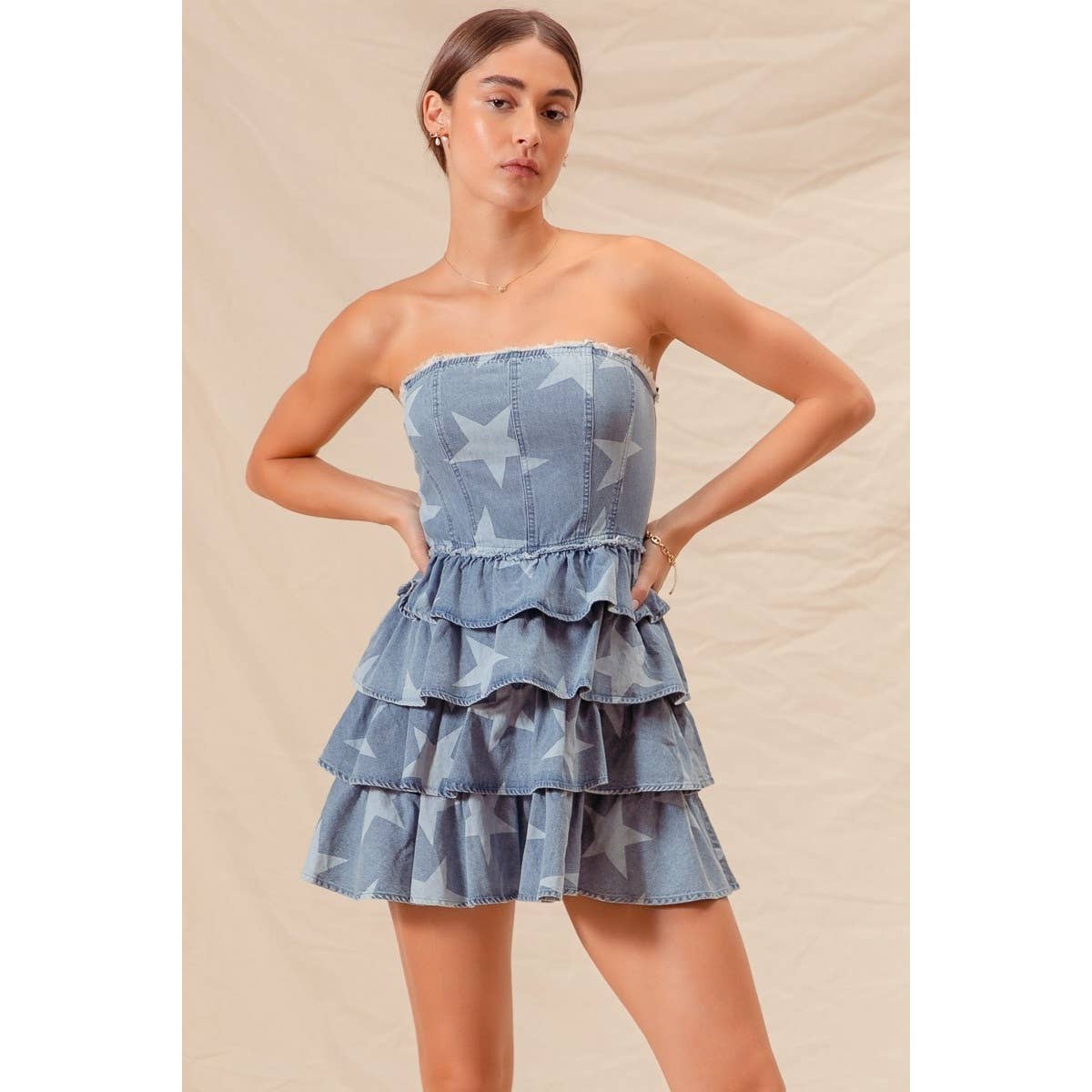 STRAPLESS VINTAGE STAR DENIM TIERED DRESS