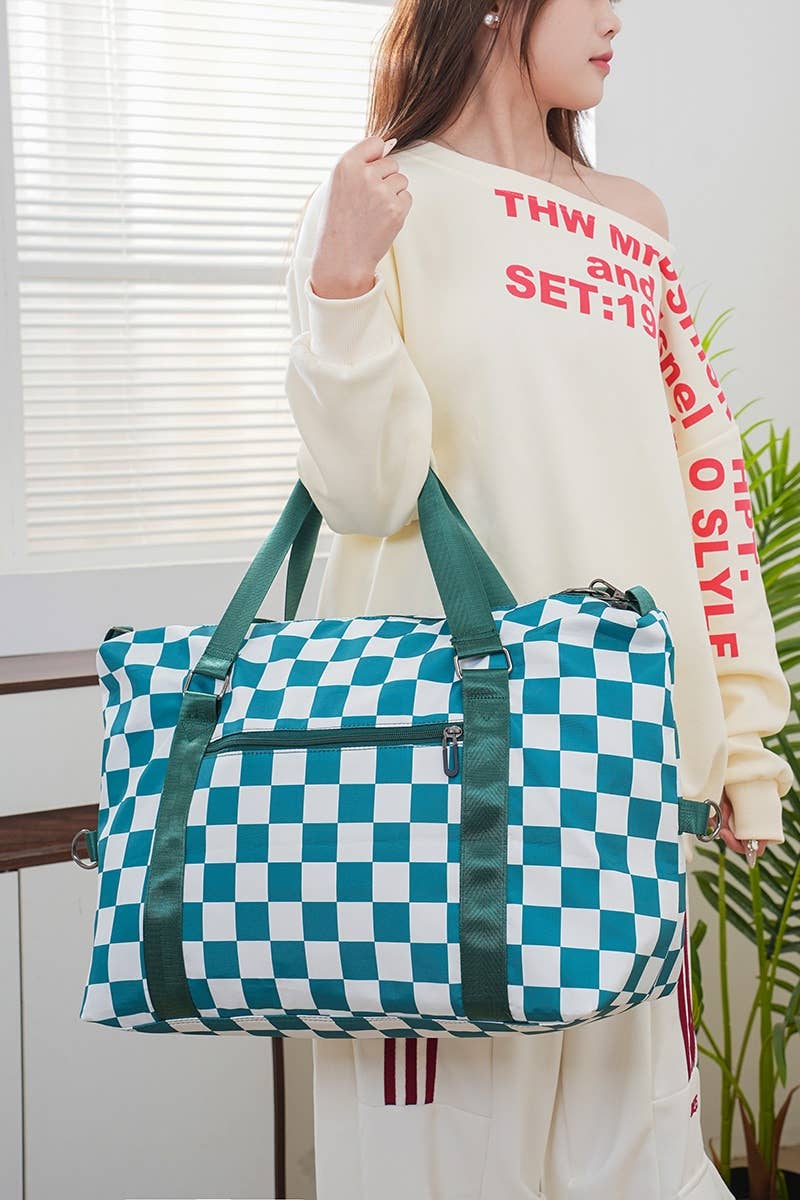 Large Capacity Checkered Travel Duffle Bag With Sho
