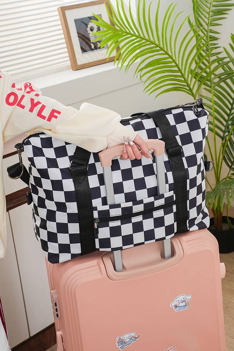 Large Capacity Checkered Travel Duffle Bag With Sho